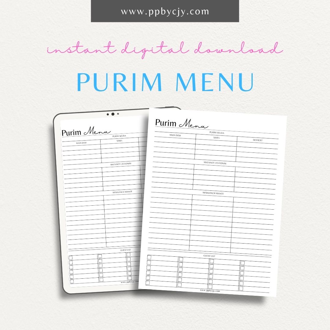 Purim Menu Planner Printable PDF Template for organizing festive meals and treats like hamantaschen

