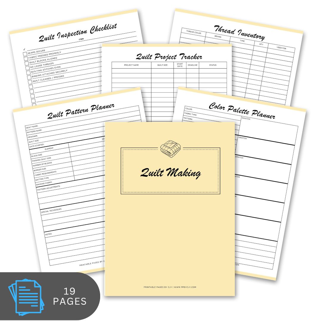 Quilt making planner with various pages on a white background