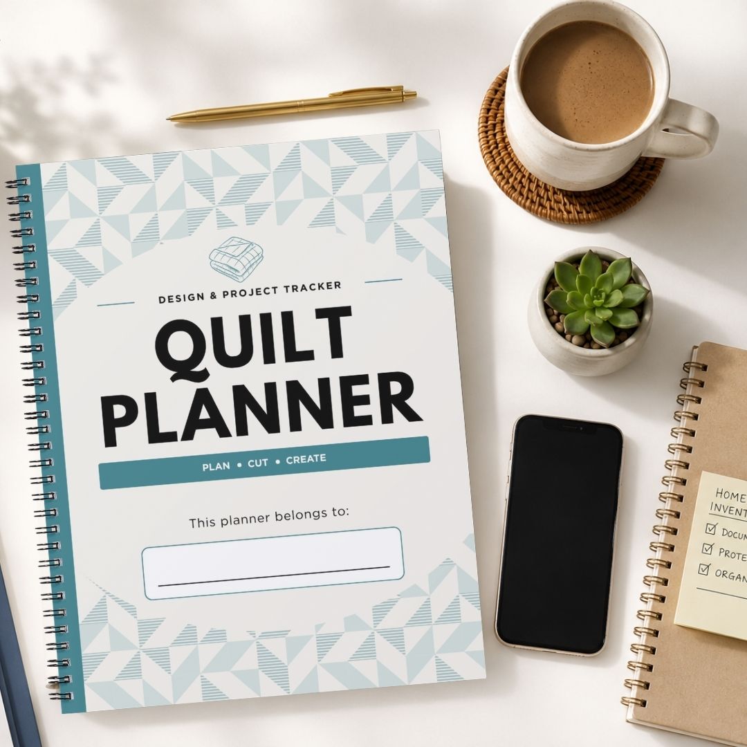 A spiral-bound quilt planner with a white cover and light blue geometric pattern, styled on a white desk with a coffee cup, pen, phone, and other notebooks.