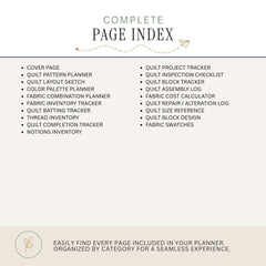A digital preview of a planner's complete page index, showing a list of included pages such as quilt pattern planner, color palette planner, and various trackers and logs, on a light beige background.
