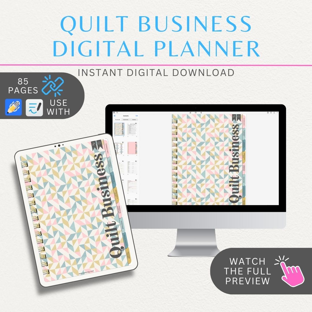 Quilting Business Digital Planner with 85+ hyperlinked pages, including inventory management, order trackers, and marketing planners