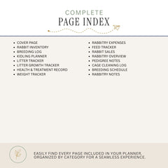 A page index cover for a rabbit care or breeding planner, showing a bulleted list of included pages such as cover page, rabbit inventory, breeding log, kidding planner, litter tracker, health & treatment record, weight tracker, rabbit expenses, feed tracker, rabbit sales, rabbit overview, pedigree notes, cage cleaning log, breeding schedule, and rabbit notes on a light beige background.