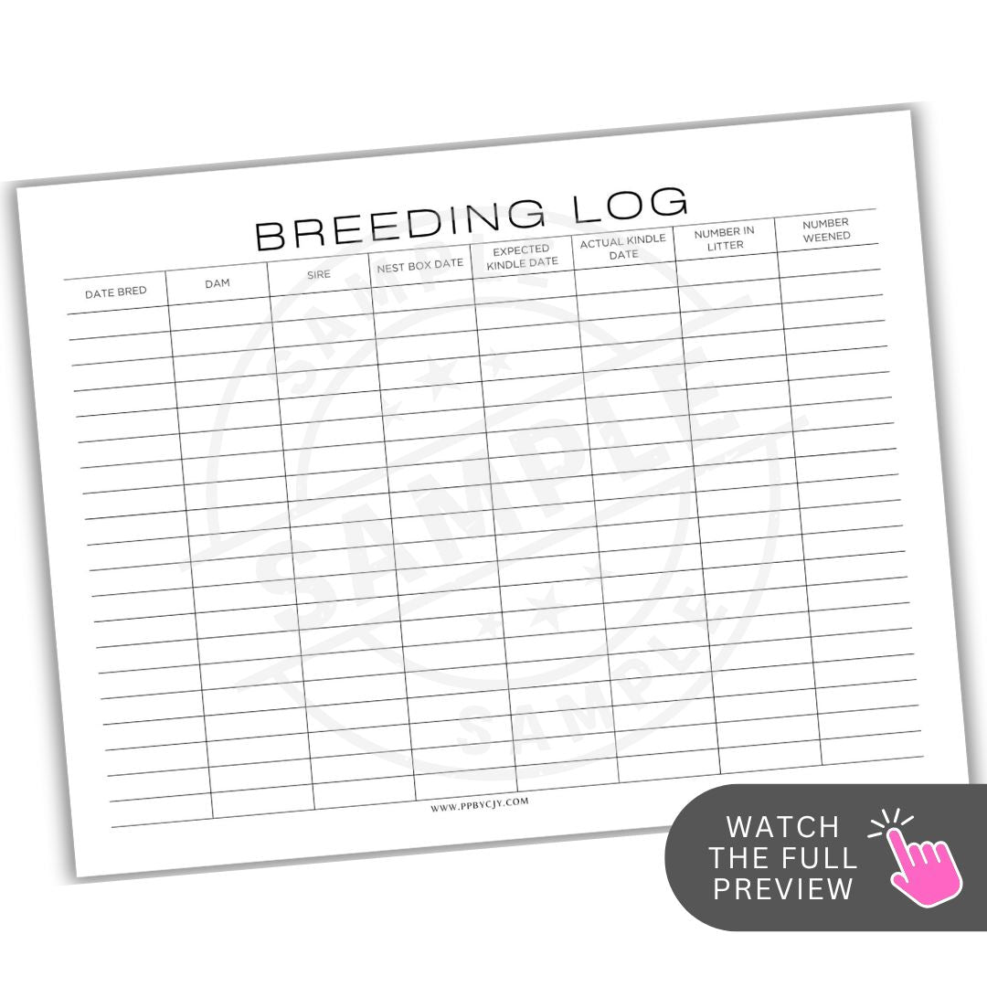 Breeding log sheet with columns for breeding information on a white background