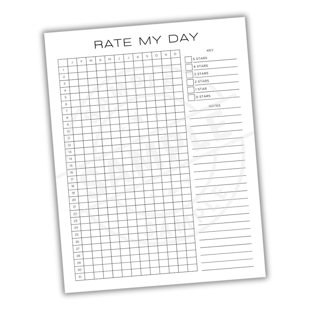 Sheet with 'Rate My Day' grid and star rating system on a white background