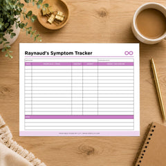 A printable 'Multiple Sclerosis Tracker' sheet laid flat on a wooden desk with a coffee cup, plant, gold clips, pen, and notebook around it. The tracker has purple header accents and table lines.