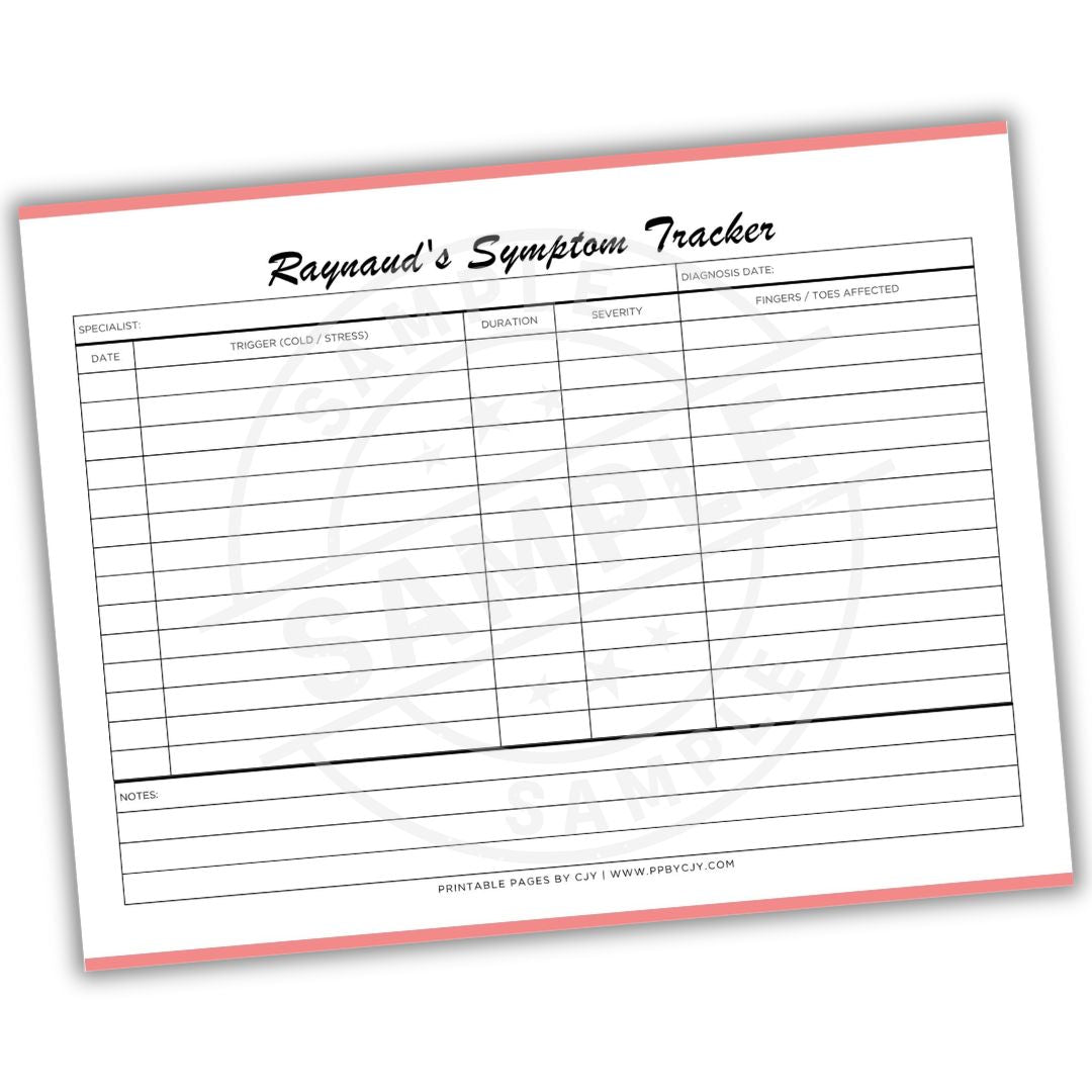 Symptom tracker sheet for Raynaud's disease on a white background