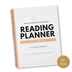 A spiral-bound book tracker and review journal titled 'READING PLANNER' on a white cover with black text, a peach accent bar, and a gold circular badge reading '10+ PAGES'.
