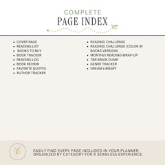 A digital preview of a 'Complete Page Index' planner insert, showing a list of included page titles such as cover page, reading list, book tracker, and reading challenge, on a warm cream background.