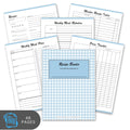 Recipe binder with various pages including a weekly meal plan, price tracker, and index on a white background.