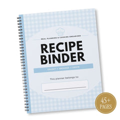A spiral-bound recipe binder planner with a light blue and white gingham cover, featuring bold black text that reads 'RECIPE BINDER' and a gold circular badge in the corner that says '45+ PAGES'.