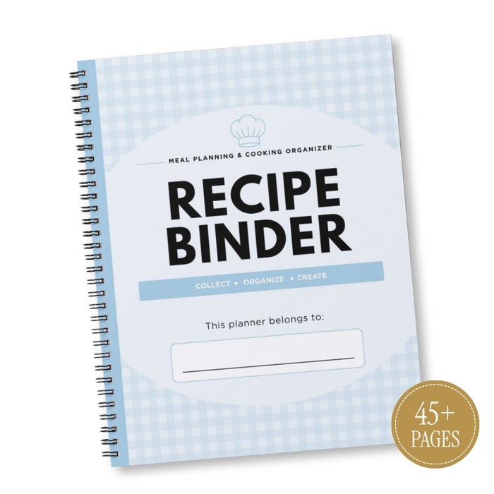 A spiral-bound recipe binder planner with a light blue and white gingham cover, featuring bold black text that reads 'RECIPE BINDER' and a gold circular badge in the corner that says '45+ PAGES'.