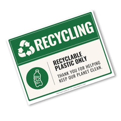 A square recycling sign with a green and white design, featuring the word 'RECYCLING' in large white letters, a recycling symbol, and text that says 'RECYCLABLE METAL ONLY' and 'THANK YOU FOR HELPING KEEP OUR PLANET CLEAN.'.