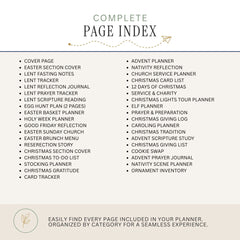 A digital preview of a 'Complete Page Index' for a spiritual or religious planner, showing a list of included pages organized in two columns on a warm beige background with a light brown footer.