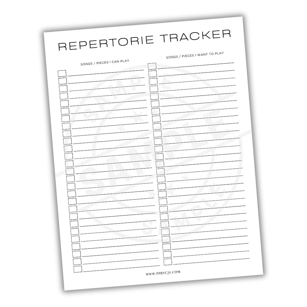 Repetorier Tracker sheet with columns for 'Songs/Pieces I Can Play' and 'Songs/Pieces I Want to Play'.