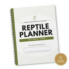 A spiral-bound 'Reptile Planner' for a lizard and snake health tracker, featuring a white cover with a subtle geometric pattern, olive green accents, and a gold circular badge indicating 15 pages.