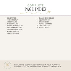 A page index cover for a reptile care or animal care planner, showing a list of included pages such as cover page, habitat setup, feeding log, shedding log, temp & humidity log, veterinary record, weight tracker, health record, cleaning schedule, equipment log, breeding log, reptile expenses, care checklist, and reptile notes on a light beige background.