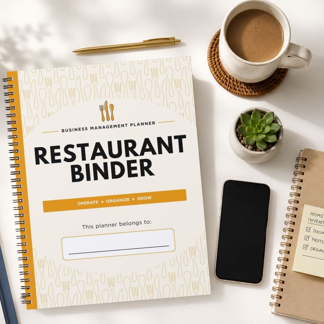 A spiral-bound 'Restaurant Binder' planner is shown in a styled flat-lay arrangement on a white surface, surrounded by a coffee cup, a pen, a small succulent, a smartphone, and another notebook.