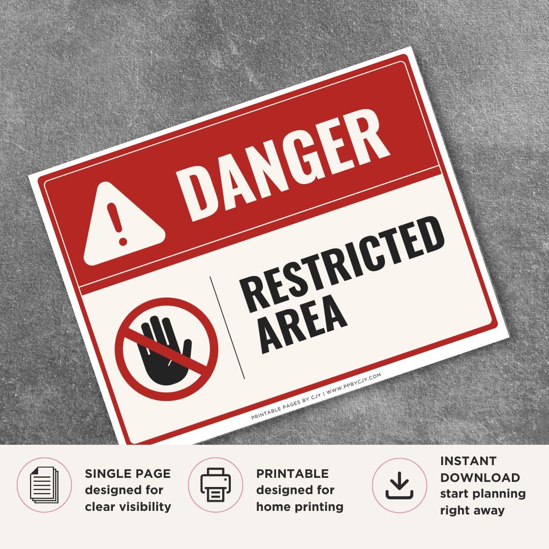 Printable Restricted Area Danger sign featuring a bold red danger header, restricted access symbol, and workplace safety message for warehouses, industrial facilities, laboratories, and commercial workplaces.