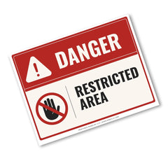 A rectangular warning sign with a red header reading DANGER and a white lower section that says RESTRICTED AREA, plus a hand symbol with a red slash. The sign is shown at an angle on a plain white background.