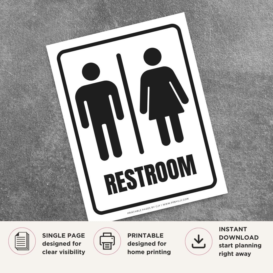 Printable Restroom sign featuring a clean professional design with bold lettering for offices, restaurants, retail stores, schools, hotels, medical offices, and commercial businesses.