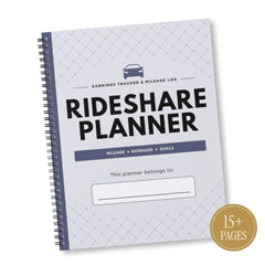 A spiral-bound 'Rideshare Planner' notebook with a white cover featuring a subtle grid pattern, navy blue accents, and black text. A gold circular badge in the bottom right corner reads '15+ PAGES'.