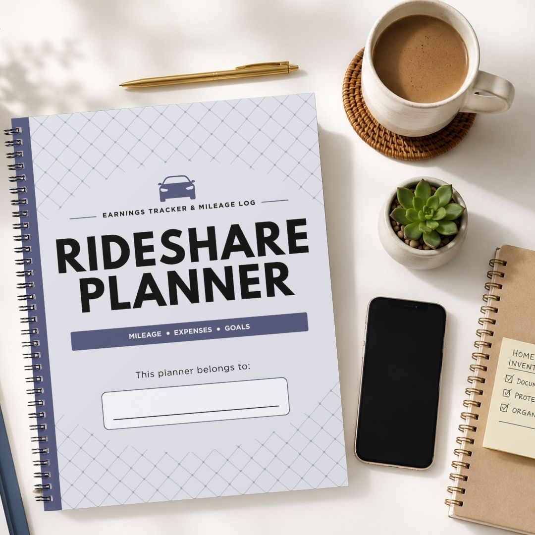 A spiral-bound Rideshare Planner notebook is shown in a styled flat-lay arrangement on a white desk, surrounded by a cup of coffee, a pen, a small succulent, a smartphone, and another notebook.