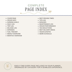 A digital preview of a 'Complete Page Index' for a planner, showing a list of included pages organized in two columns on a light beige background with a decorative header.