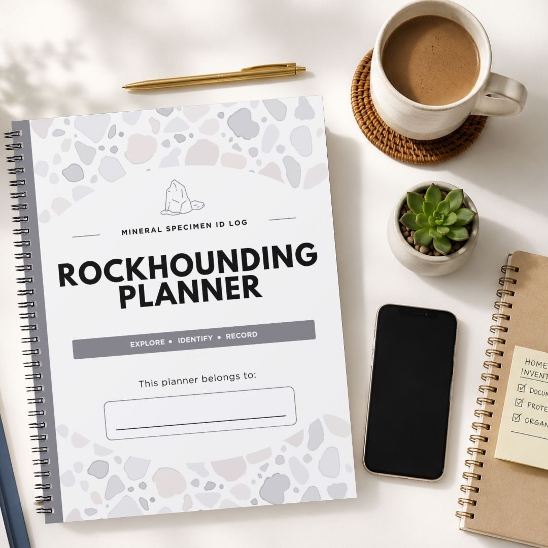 A spiral-bound 'Rockhounding Planner' notebook is shown in a styled flat-lay arrangement on a white surface, surrounded by a cup of coffee, a pen, a small succulent, a smartphone, and another notebook.