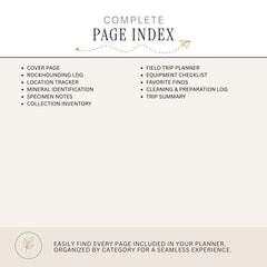 A page index cover for a complete page planner, featuring a clean layout with a light beige background, dark gray text, and bullet points listing included pages such as cover page, rockhounding log, location tracker, mineral identification, specimen notes, collection inventory, field trip planner, equipment checklist, favorite finds, cleaning and preparation log, and trip summary.