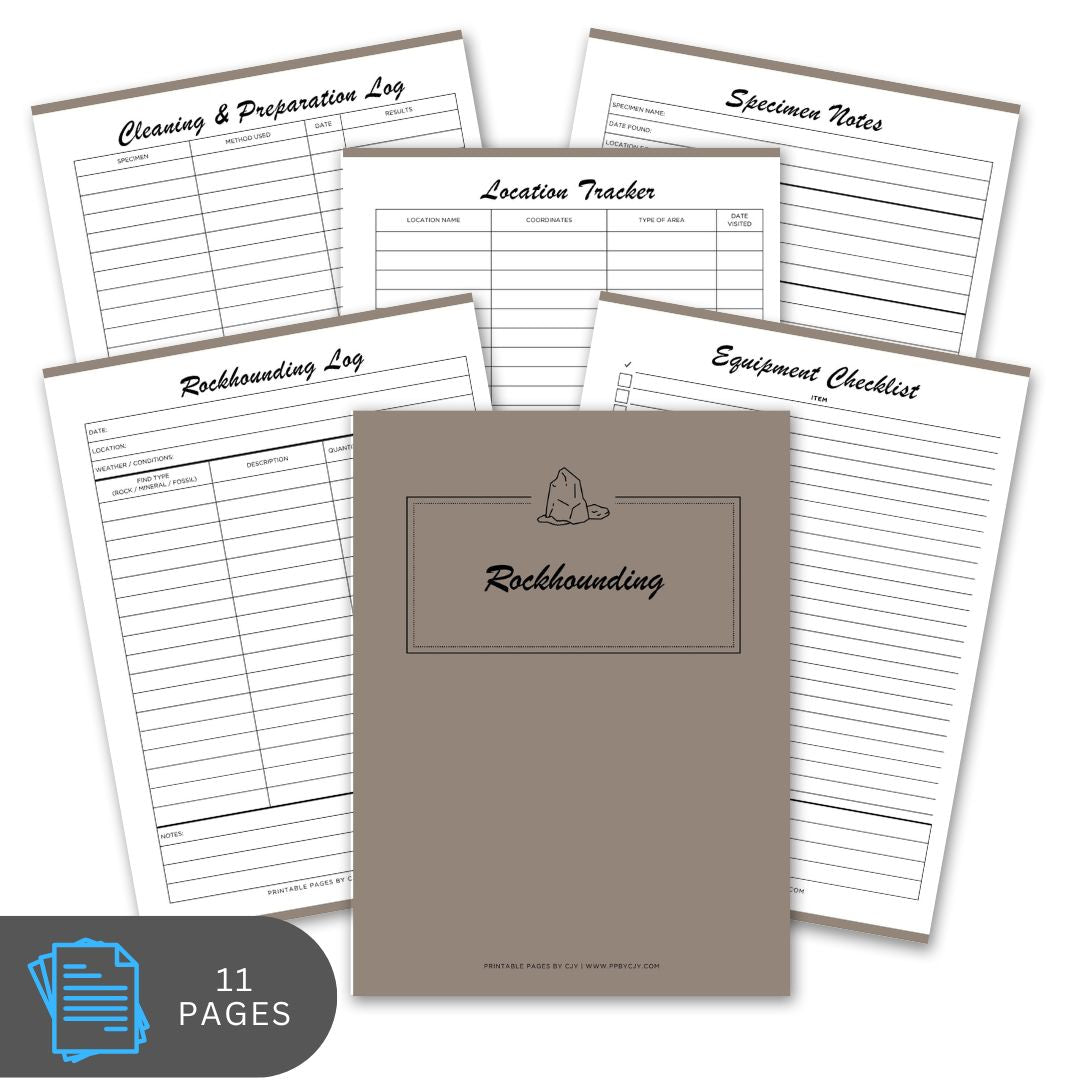 Set of rockhounding logbook pages with a cover on a white background