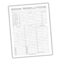 Sheet of paper titled 'Room Resolutions' with a form on a white background