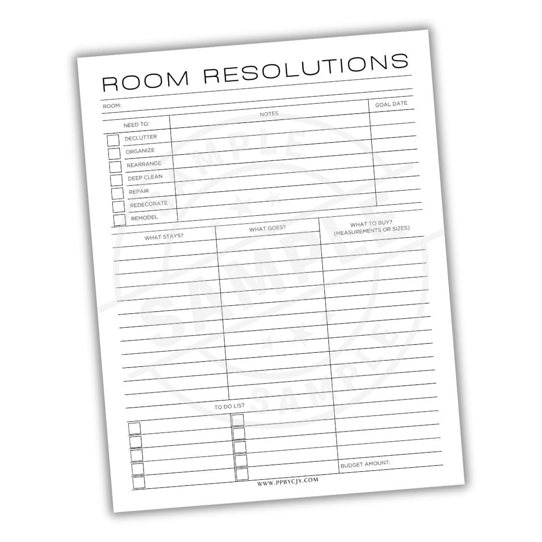 Sheet of paper titled 'Room Resolutions' with a form on a white background
