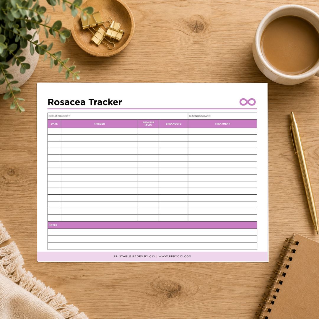 A Tinnitus Tracker printable sheet displayed on a wooden desk with a coffee cup, pen, notebook, and plant in a styled flat-lay setting.