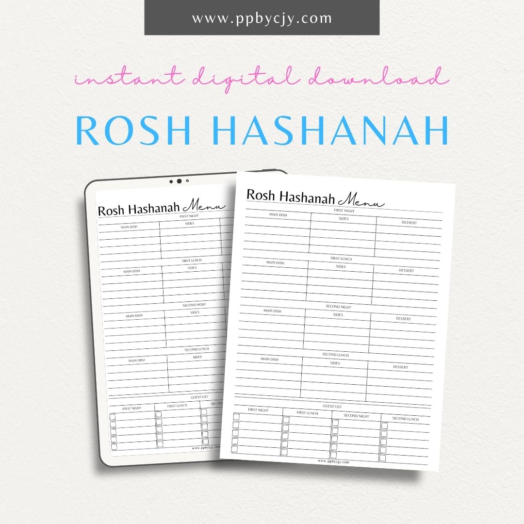 Rosh Hashanah Planner Printable PDF Template for organizing meals, shopping, and spiritual preparations for the Jewish New Year

