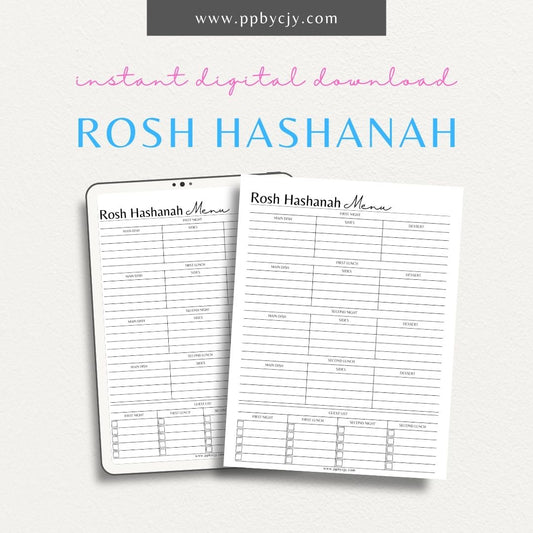 Rosh Hashanah Planner Printable PDF Template for organizing meals, shopping, and spiritual preparations for the Jewish New Year

