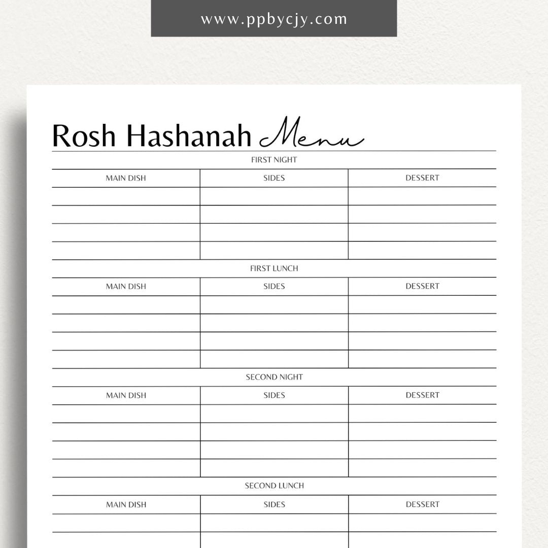 Rosh Hashanah Planner Printable PDF Template for organizing meals, shopping, and spiritual preparations for the Jewish New Year

