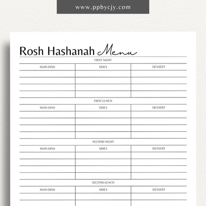 Rosh Hashanah Planner Printable PDF Template for organizing meals, shopping, and spiritual preparations for the Jewish New Year

