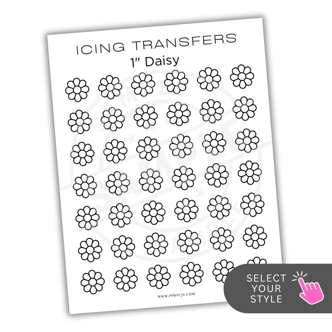 Sheet of black and white flower-shaped icing transfers on a white background