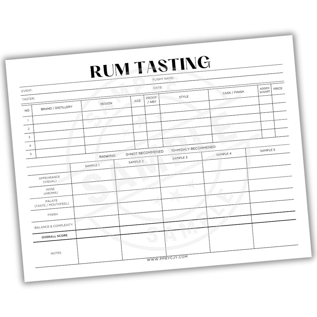 Rum tasting sheet with a white background