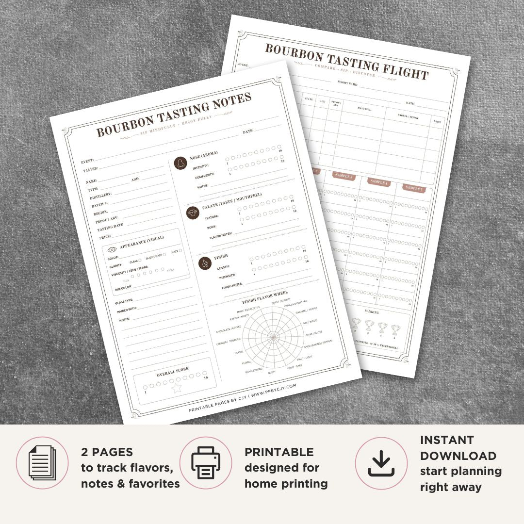 Bourbon Tasting Scorecard Printable Flight & Flavor Wheel Sheets flight page