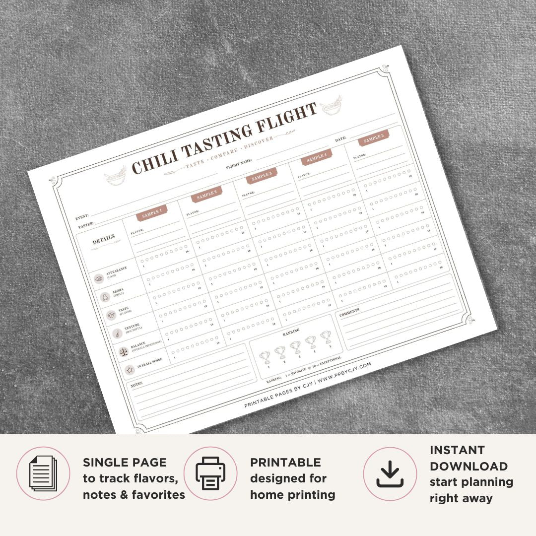 Chili Tasting Scorecard Printable Food Flight Rating Sheet score page
