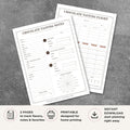 Printable Chocolate Tasting Scorecard Set featuring chocolate flight comparison sheet, chocolate tasting notes page, flavor wheel, cocoa percentage tracker, chocolate evaluation form, and chocolate tasting journal printable.
