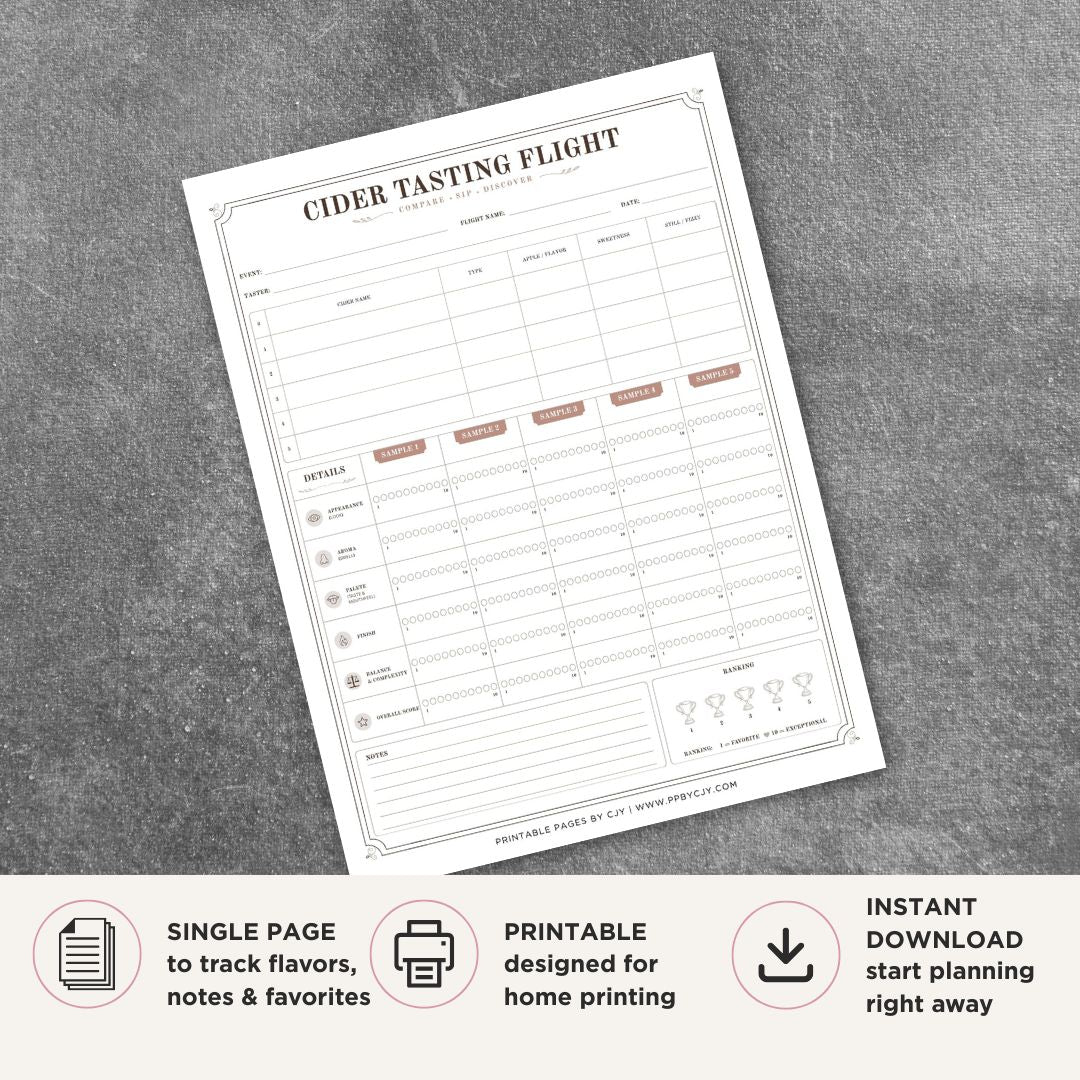 Cider Tasting Scorecard Printable Drink Flight Rating Sheet tasting page
