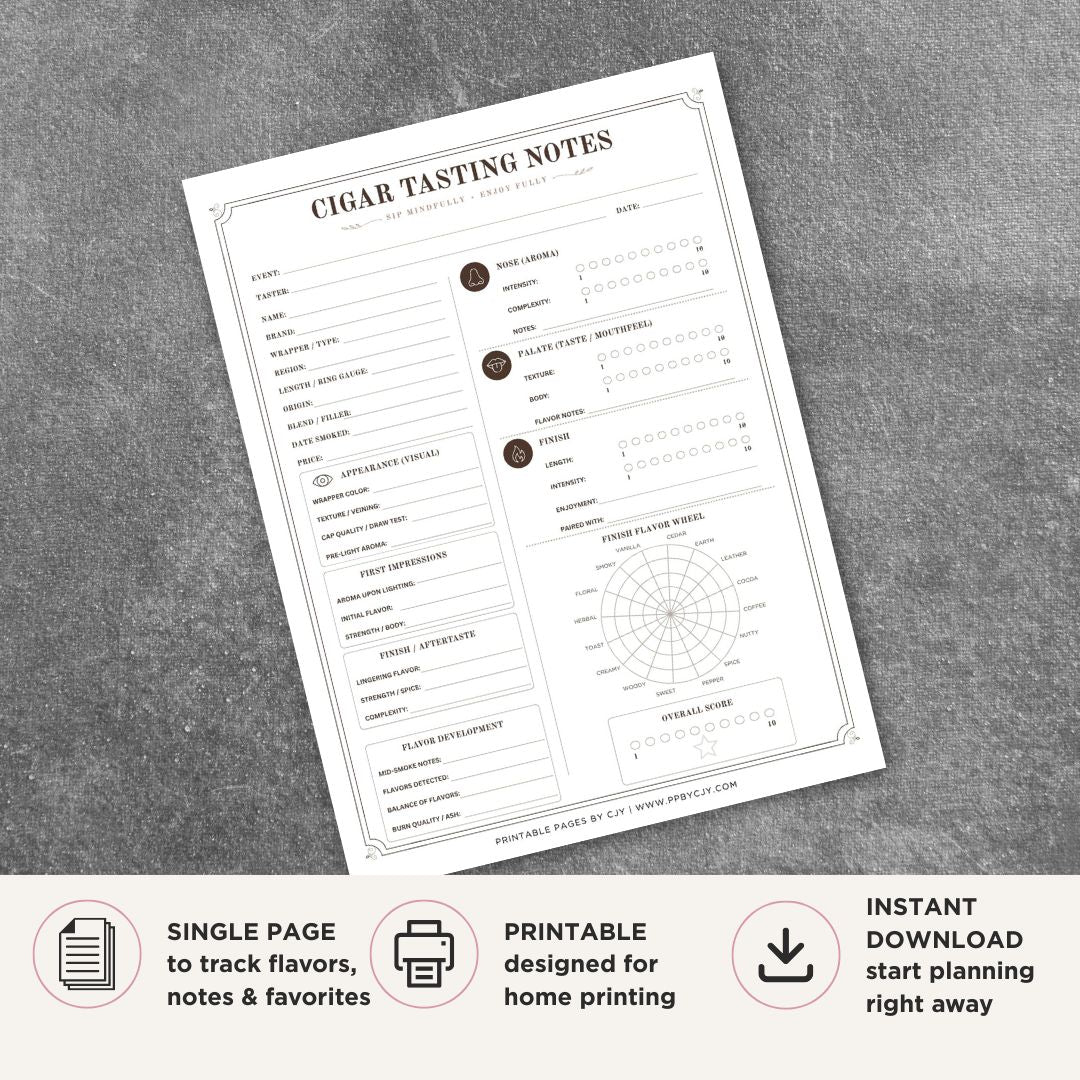 Printable Cigar Tasting Notes Scorecard featuring cigar flavor wheel, aroma and palate evaluation sections, cigar smoking journal, tasting notes tracker, and cigar rating score sheet.
