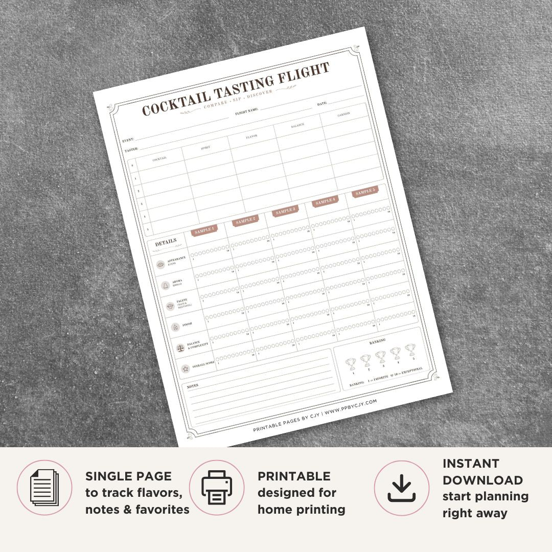 Cocktail Tasting Scorecard Printable Drink Flight Rating Sheet tasting page
