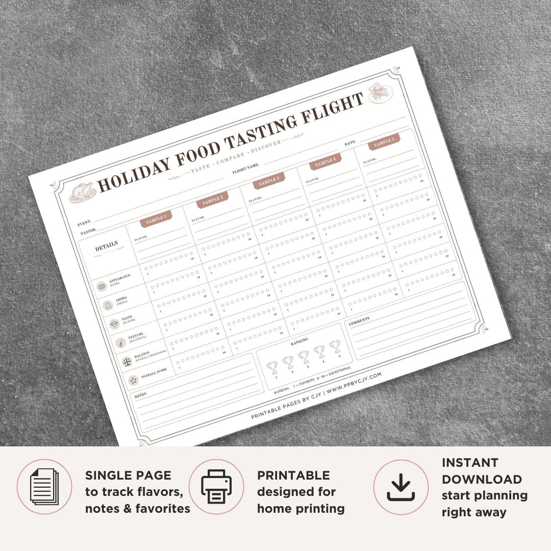 Holiday Food Tasting Scorecard printable food rating sheet for holiday tasting notes and recipe comparisons
