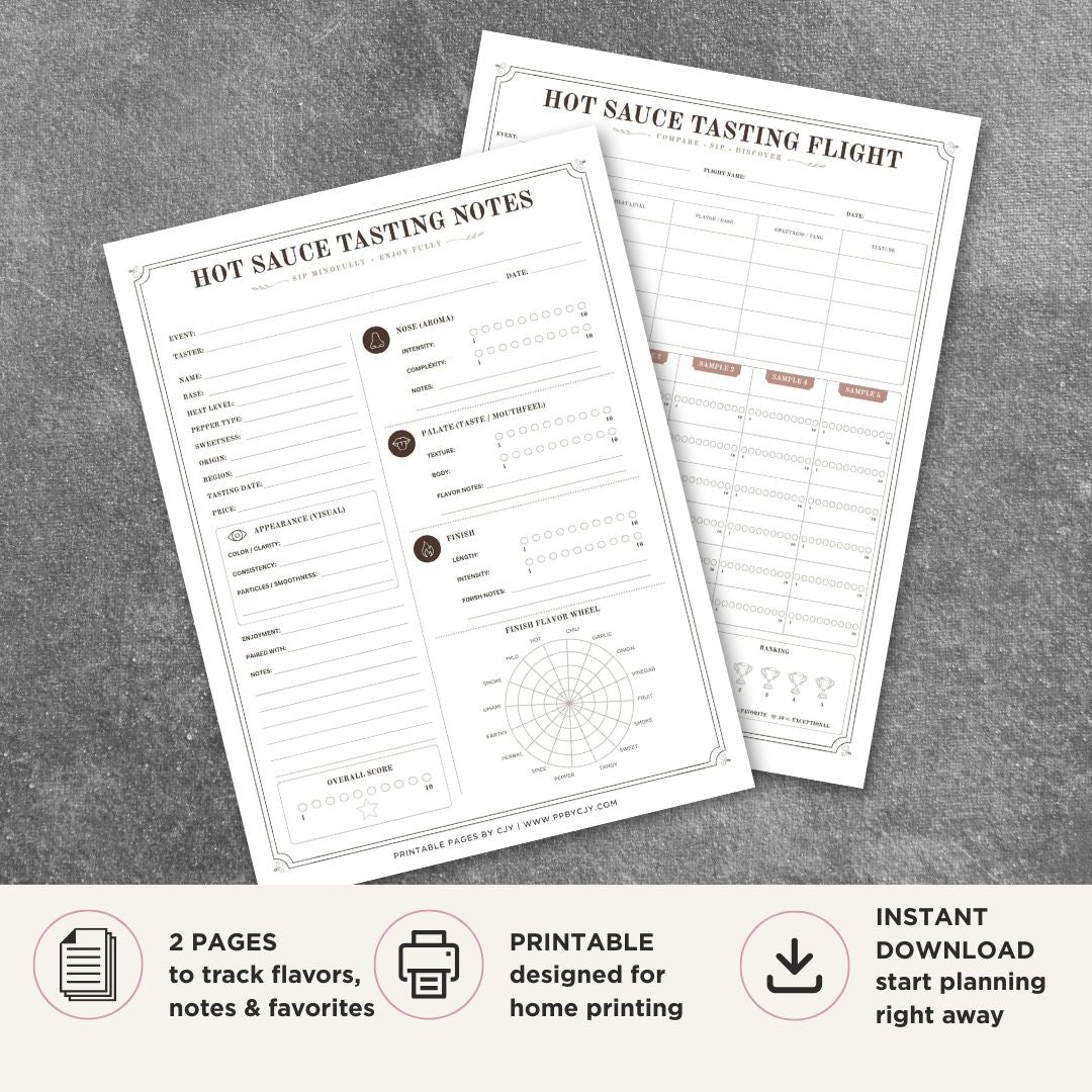 Printable Hot Sauce Tasting Scorecard Set featuring hot sauce flight comparison sheet, tasting notes page, heat level tracker, flavor wheel, sauce evaluation form, and hot sauce tasting journal printable.
