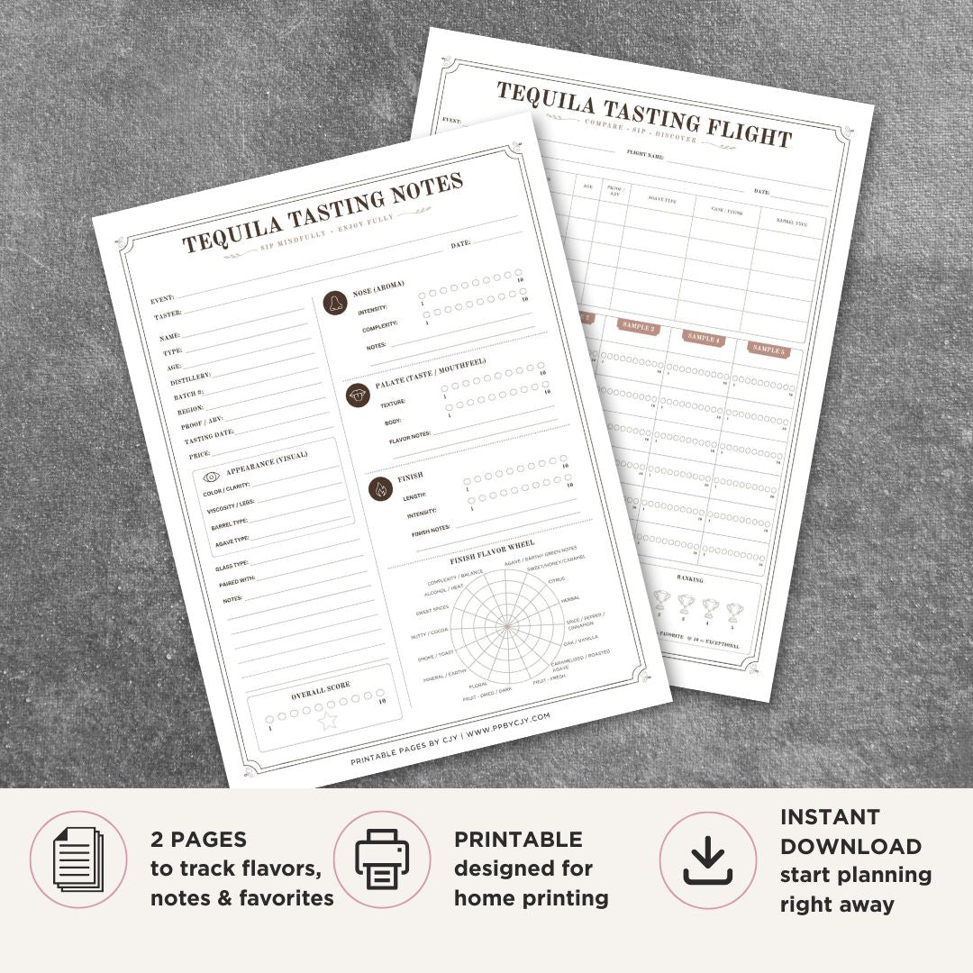 Printable Tequila Tasting Scorecard Set featuring tequila tasting flight comparison sheet, tequila tasting notes page, agave flavor wheel, distillery and batch tracking journal, tequila evaluation form, and agave spirit tasting printable.
