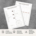 Printable Vodka Tasting Scorecard Set featuring vodka tasting flight comparison sheet, vodka tasting notes page, vodka flavor wheel, distillery and base ingredient tracker, vodka evaluation form, and spirit tasting journal printable.
