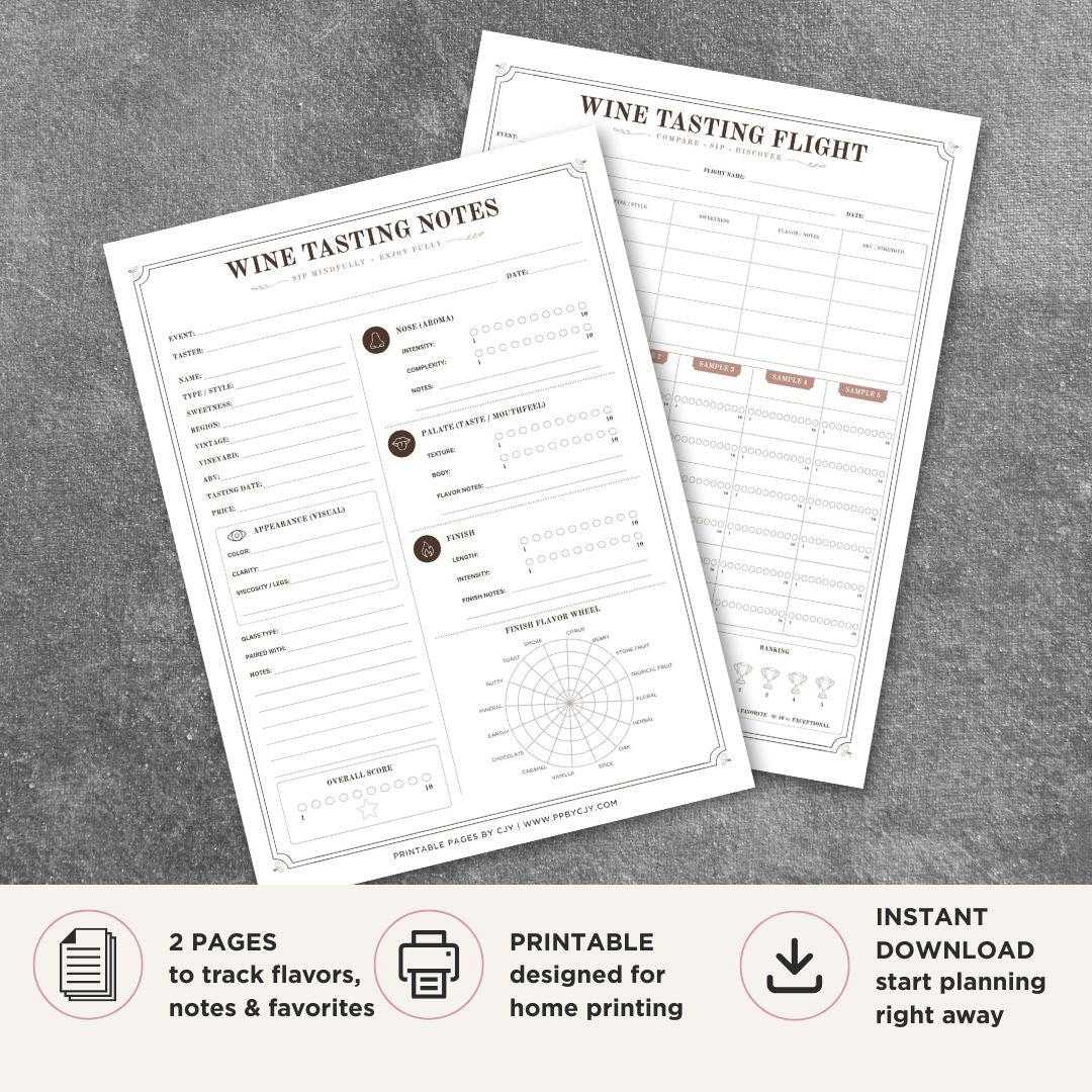 Printable Wine Tasting Scorecard Set featuring wine flight comparison sheet, wine tasting notes page, flavor wheel, wine evaluation form, vineyard and vintage tracking, and wine tasting journal printable.
